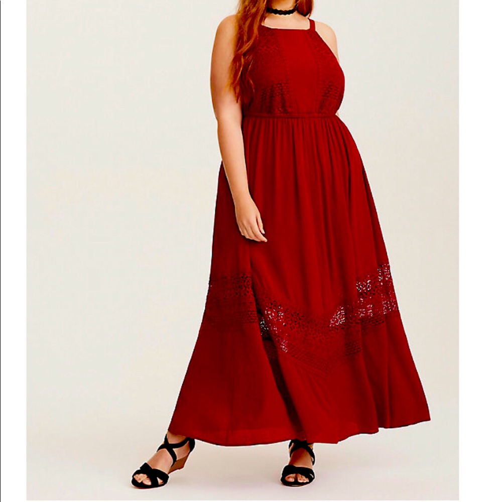 Torrid Red gauze and lace maxi dress